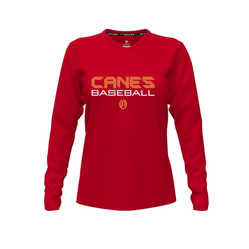 [CUS-DFW-TEES-CMF-VNK-LSL-RED-FYXS-LOGO1] Decker Comfort T-Shirt (Female Youth XS, Red, V Neck, Logo 1, Long Sleeve)