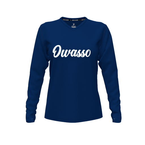 [CUS-DFW-TEES-CMF-VNK-LSL-NVY-FYXS-LOGO2] Comfort T-Shirt (Female Youth XS, Navy, V Neck, Logo 2, Long Sleeve)