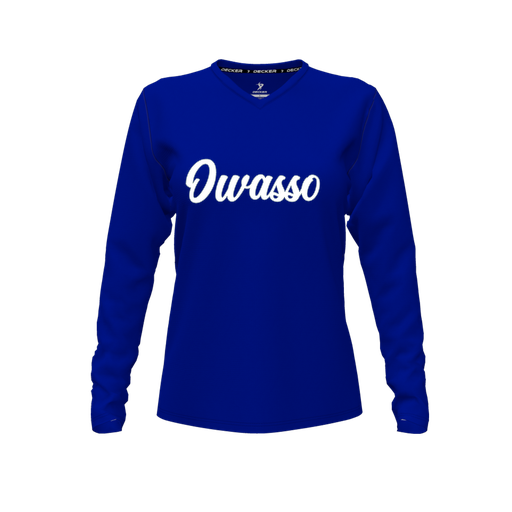 [CUS-DFW-TEES-PER-VNK-LSL-RYL-FYXS-LOGO2] Decker Performance T-Shirt (Female Youth XS, Royal, V Neck, Logo 2, Long Sleeve)