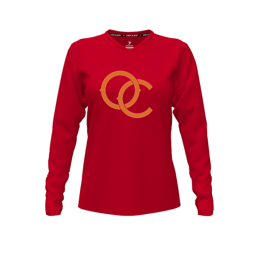 [CUS-DFW-TEES-PER-VNK-LSL-RED-FYXS-LOGO3] Decker Performance T-Shirt (Female Youth XS, Red, V Neck, Logo 3, Long Sleeve)